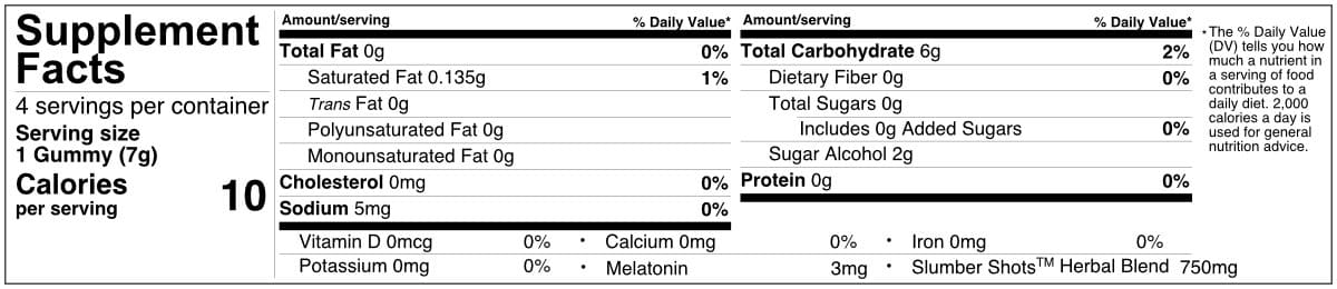 Slumber Shots Supplement Facts